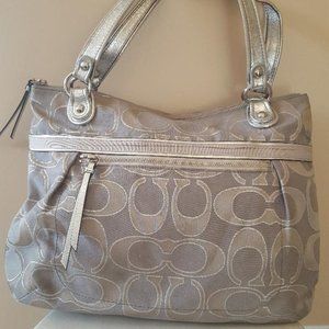 Coach Signature Sateen Metallic Tote - Silver/Pink